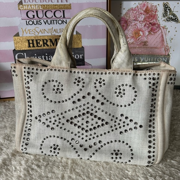 Prada Canapa Bijoux Embellished Denim Tote - Picture 1 of 16
